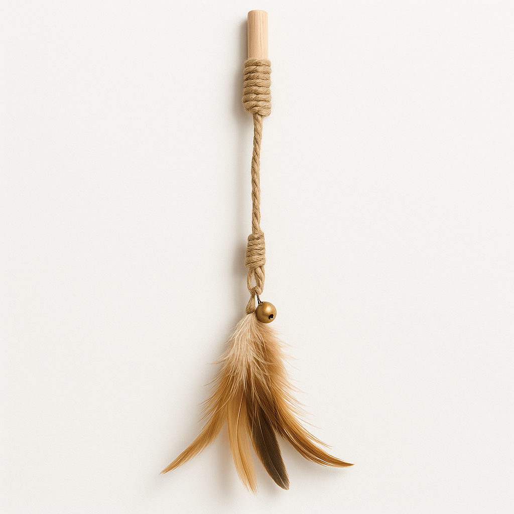 Handmade Wooden Cat Teaser Stick with Feather and Bell
